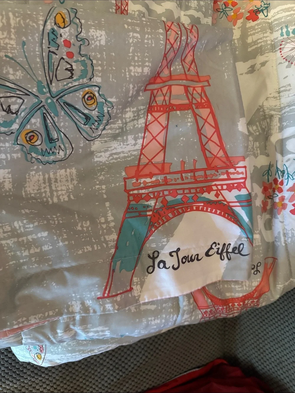 Eiffel Tower Printed Bedding - Gray with Coral & Teal Accents